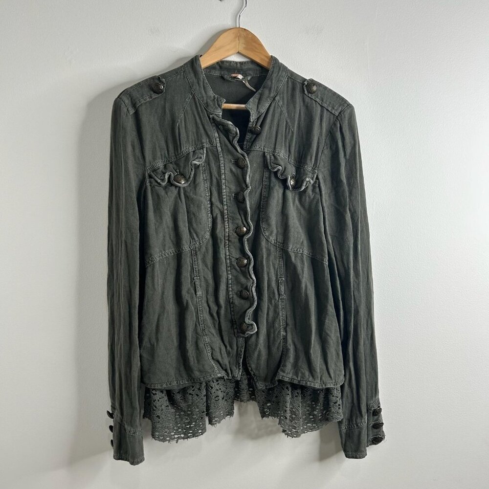 Free People Jacket Womens Small Military Lace Ruffle‎ Boho Button Embellished
